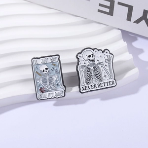 Funny skeleton enamel pins featuring humorous quotes and minimalist illustration style