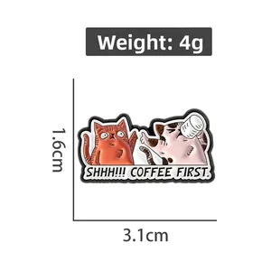 Detail showing dimensions of funny cat coffee enamel pin, 1.6cm by 3.1cm and 4g weight