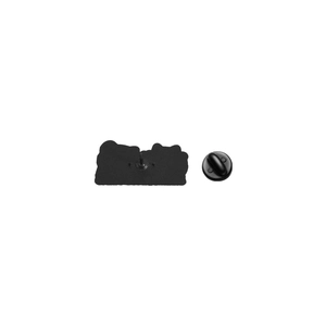 Detail of matte black metal enamel pin back with secure round butterfly clutch fastener