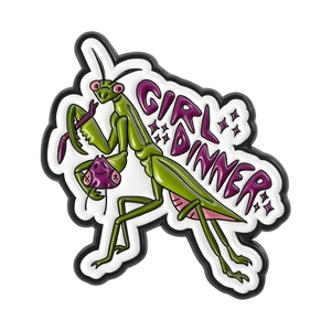 Broche émaillée mante religieuse verte avec texte Girl Dinner pour décorer les sacs
