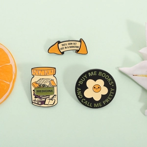 Set of 3 reading enamel pins with book bottle and flower quotes on green background