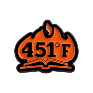 Fahrenheit 451 literary enamel brooch featuring orange flames and open book design