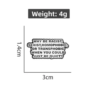 Detailed view of enamel pin with social quote, measuring 3cm by 1.4cm and weighing 4g