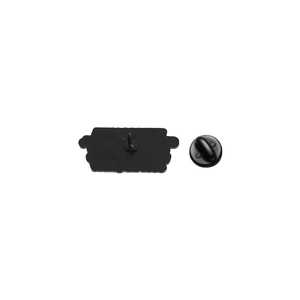 Detailed back view of enamel brooch with black plating and rubber clutch fastener