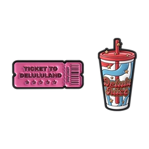 Delulu PVC-Accessoires mit rosa Ticket-Design und buntem Saftbecher-Motiv für Schuhe