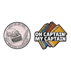 Literarische Emaille-Pins mit Schreibmaschinen-Motiv und Buch-Designs für Jacken und Taschen