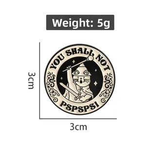 Detail showing 3cm cartoon cat wizard enamel pin size and weight measurements