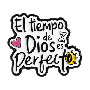 Spanish motivational enamel pin with El tiempo de Dios es Perfecto text and sun icon