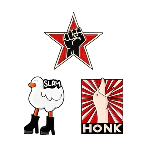 Funny goose enamel pin set with Slay boots and Honk badges on white background