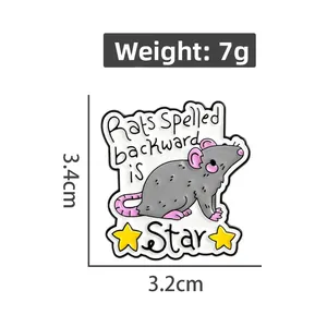 Detail view of cartoon rat enamel pin with dimensions 3.4cm x 3.2cm and weight 7g