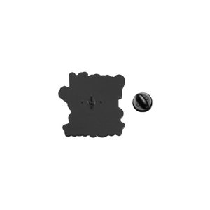 Detail of cute mouse enamel pin back with matte black finish and secure butterfly clutch
