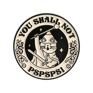 Creative black cat knight enamel pin featuring wizard hat and playful text on white background