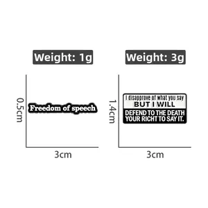 Detailed size and weight specs for Freedom of Speech enamel pins in black and white