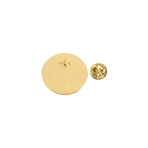 Golden round metal badge back view with butterfly clasp showing high quality plating finish
