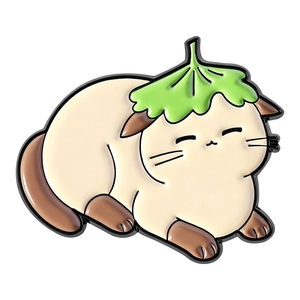 Detailed view of a cute Siamese cat enamel pin with a green leaf hat accessory