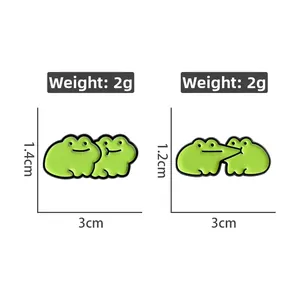 Detailed size chart of cute green frog enamel pins with precise dimensions and weight