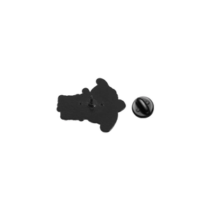 Close-up of black enamel cat pin back with durable rubber clasp and metal needle