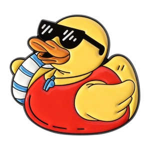 Funny cartoon yellow duck enamel pin with sunglasses and life jacket for backpack decor