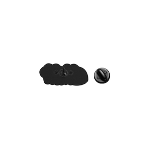 Detail of the black metal frog brooch back featuring a soft rubber clutch and matte texture
