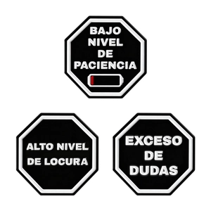 Three-piece octagonal pins with Spanish emotional quotes and low battery icon