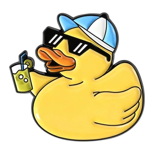 Funny cartoon yellow duck enamel pin with sunglasses and hat for backpacks