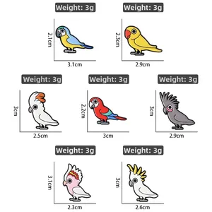 Detailed view of colorful parrot enamel pins with specific size and weight measurements