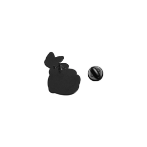 Macro view of the black enamel cat brooch back showing needle pin and rubber clutch detail