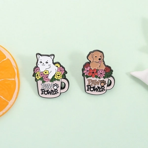 Cartoon Enamel Cat Dog Coffee Cup Brooch Pin Paw Power Floral Animal Badge Cute Fashion Alloy Lapel Pin For Backpack Clothing