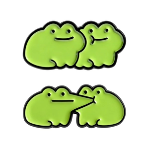 Cute green enamel frog couple brooches with shiny finish and cartoon character design