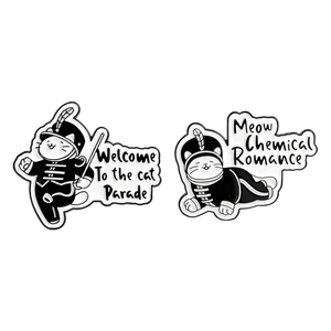 Funny cat parade enamel pin set featuring black and white feline band member badges