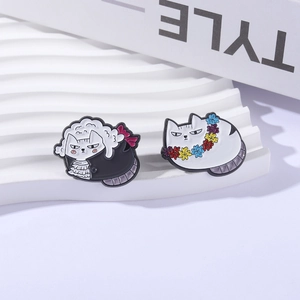 Funny white cat enamel pin set with flower wreath and bow on a stylish display