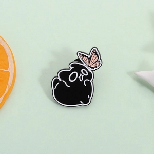 Cartoon Dark Style Black Round Creature With Pink Butterfly Enamel Brooch Pin Alloy Drip Oil Badge For Clothing Backpack Decor