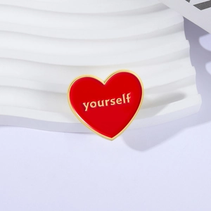 Red heart enamel brooch pin with yourself gold lettering for fashion accessories