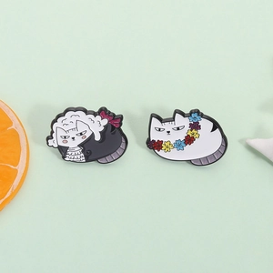 Enamel pins set with Victorian style cat and white cat wearing flower wreath