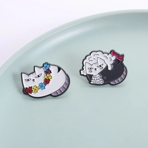 Adorable white enamel cartoon cat brooches with floral wreath and vintage outfit