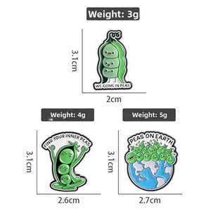 Detailed view of pea pod enamel pins with humorous puns and dimensions shown