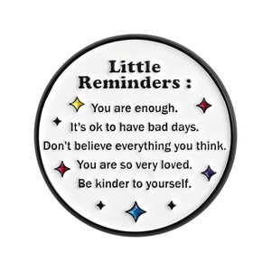 Round geometric enamel brooch with inspirational mental health quotes and star accents