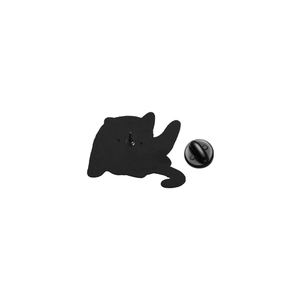 Rear view of funny cat metal badge with black rubber pin back and enamel finish