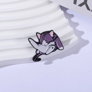 Cute cartoon cat enamel pin in purple and white, artistic badge for cat lovers