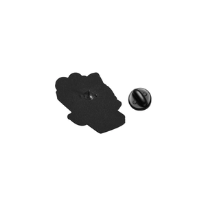 Detail view of the matte black gym mouse enamel pin back with secure rubber clutch