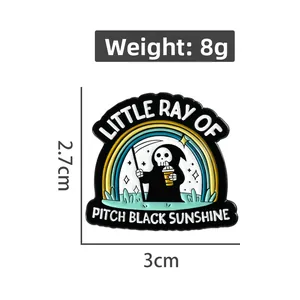 Detailed view of grim reaper enamel pin showing 3cm x 2.7cm size and 8g weight