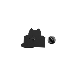 Detailed back view of a black cat enamel pin showing the metal needle and rubber clutch