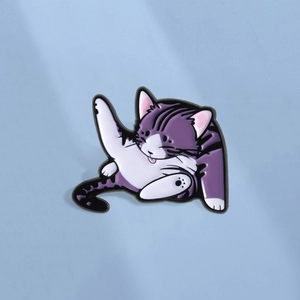 Cartoon Cat Enamel Pin Brooch Funny Purple White Striped Kitten Licking Paw Badge Zinc Alloy Animal Lapel Pin For Cat Lovers Gift