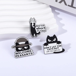 Funny black cat enamel pins set with humorous English slogans on white wave display