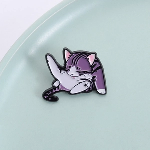 Creative purple and white tabby cat enamel pin on a ceramic plate for accessories