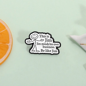 Whimsical stickman enamel pin with Be Like Jim slogan on a vibrant green background