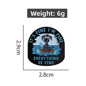 Detailed enamel pin showing a dog on a raft surrounded by sharks with funny text
