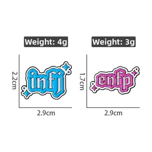 Infographic showing dimensions and weight for INFJ and ENFP enamel MBTI personality pins