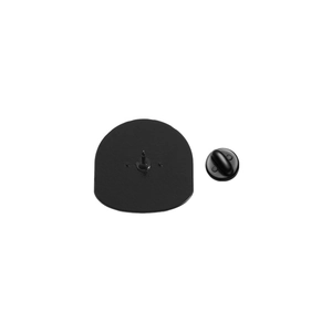 Detailed back view of enamel pin with black rubber clutch and metal needle pin finding