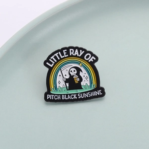 Cartoon Grim Reaper enamel pin holding milk tea with rainbow and gothic quote design